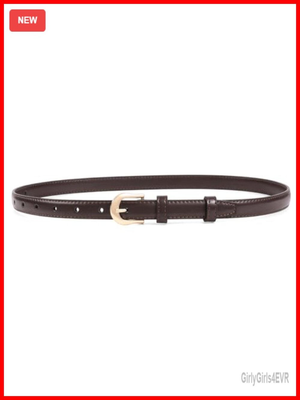 Women Skinny Faux Leather Belt Thin Gold Prong Buckle